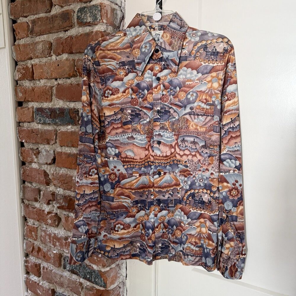 VTG 70s Kennington California Men’s Size Medium Polyester Button Up Shirt Farm